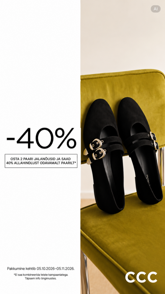 Vali 2 paari jalatseid ja saad soodsamalt paarilt 40% allahindlust. CCC