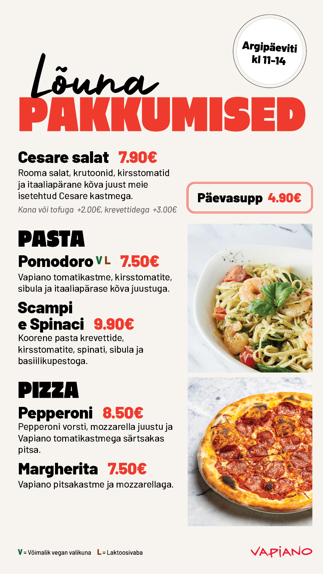 Vapiano lõunapakkumised 24.-28.08 Vapiano