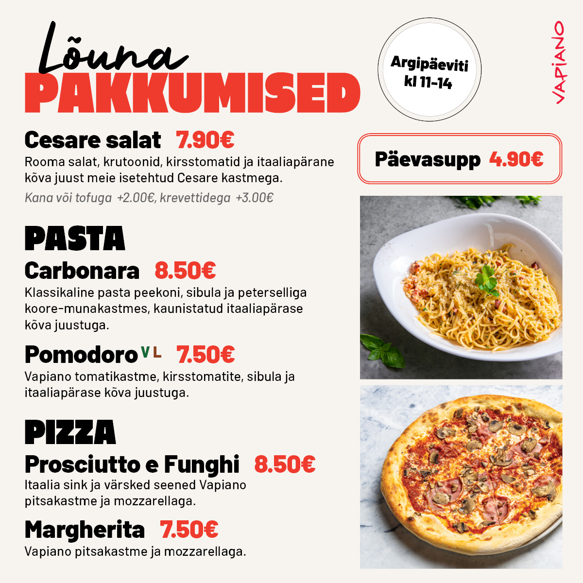 Vapiano lõunapakkumised 31.08-04.09 Vapiano