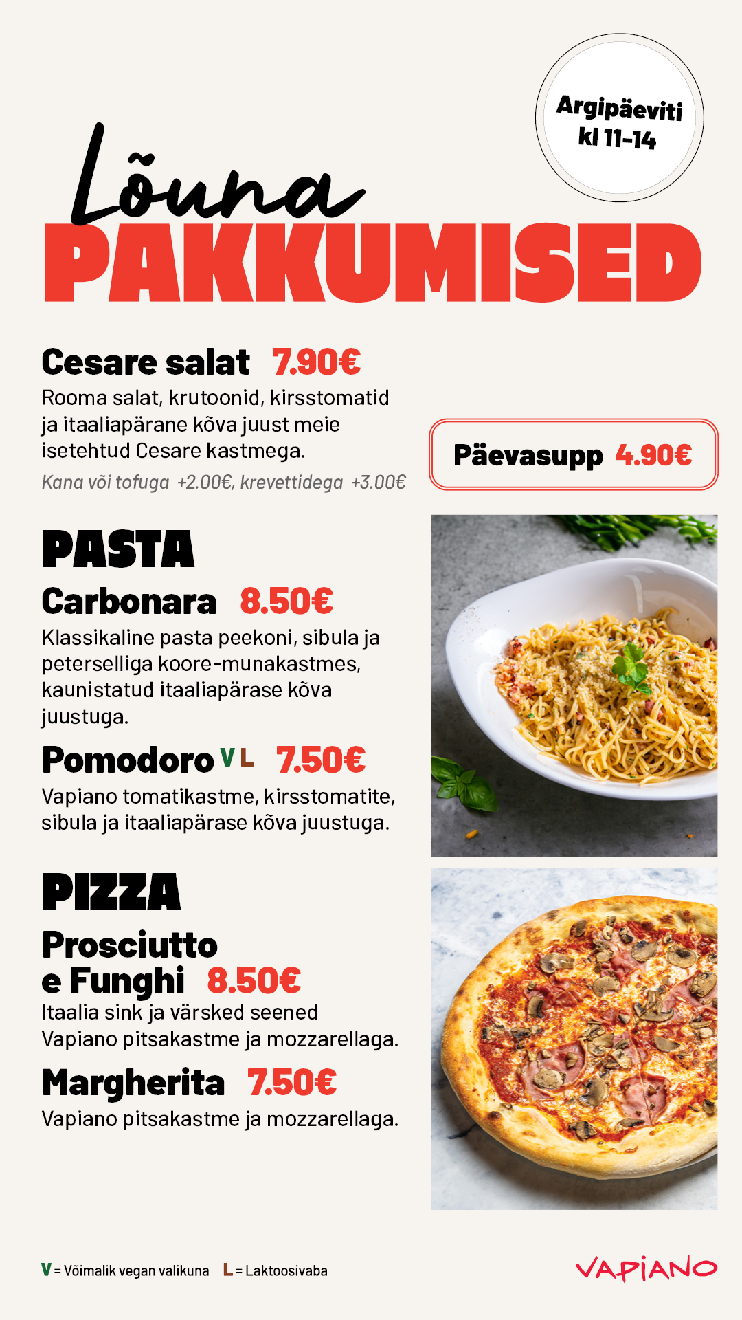 Vapiano lõunapakkumised 8.-12.06 Vapiano